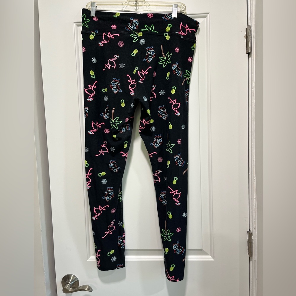 Joyland Black Cotton Neon Santa Christmas Leggings Size Extra Large